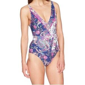 La Blanca One Piece Swimsuit Multi Strap Cross Tie Floral Purple Paisley 16W